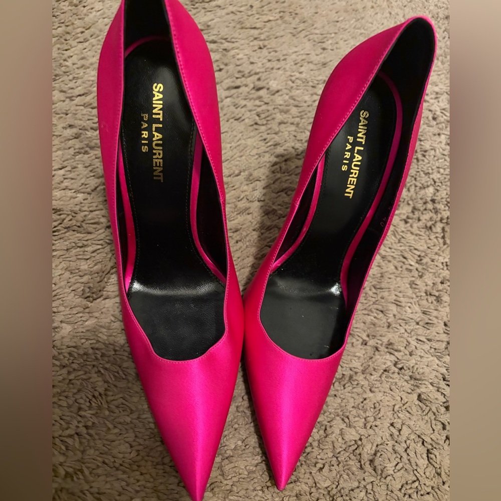 Saint Laurent Hot Pink Pointed Satin Pumps